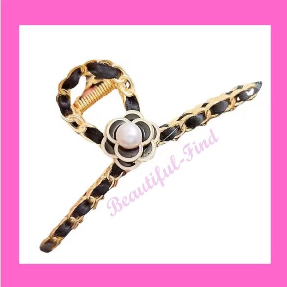 Camellia Flower with Pearl and Gold Black Chain Design Large Hair Clip New - Picture 4 of 6